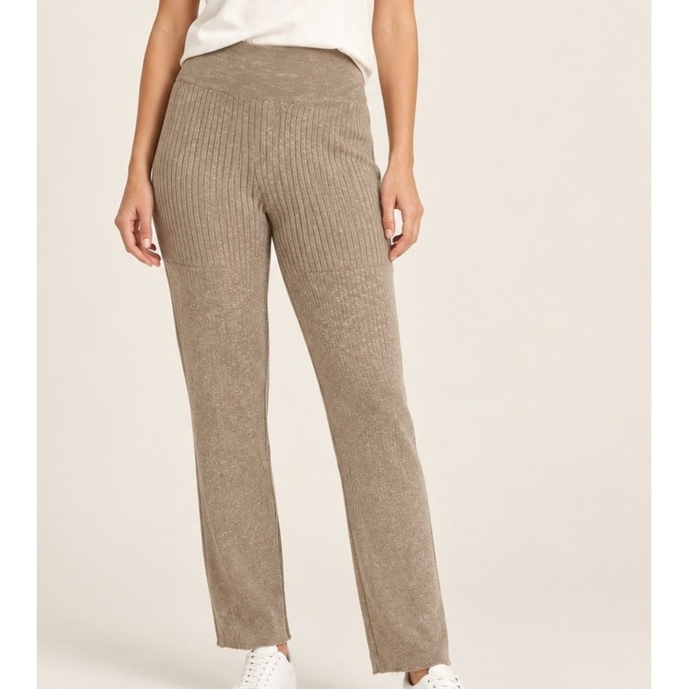 MOD REF Women Knit Ribbed Pants Size S Tan Beige High Waist Pocket Loungewear